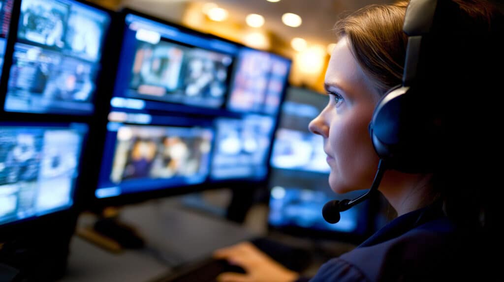 eine Frau mit Kopfhörern und einem Headset