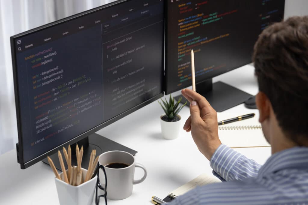 IT-Entwickler Mann zeigt auf Informationszentrum auf Laptop auf der Rückseite. Postulat.